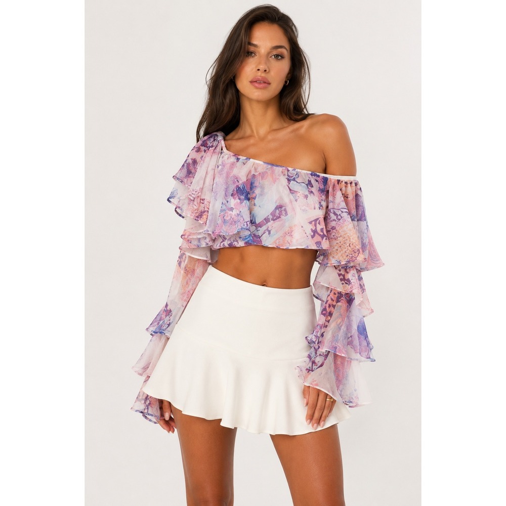 ASOS LUXE Purple Postcard Print Ruffle Off Shoulder‎ Crop Top Size US 6